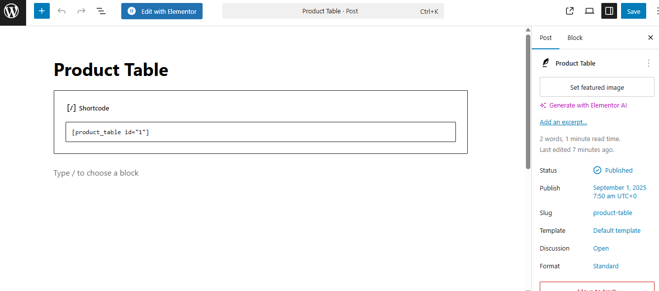Display the Product Table