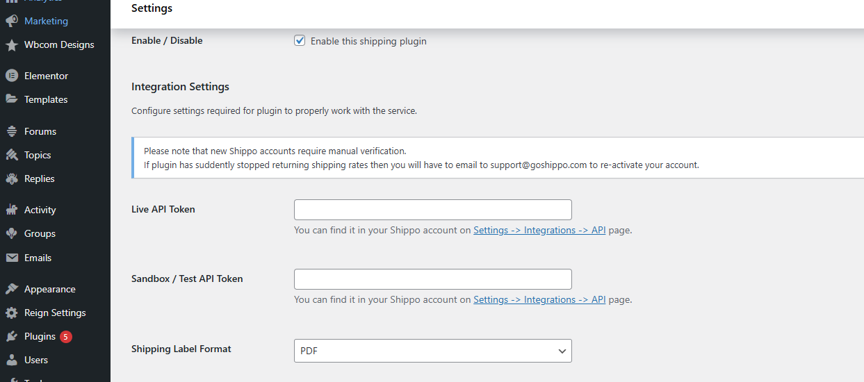 Shippo API credentials
