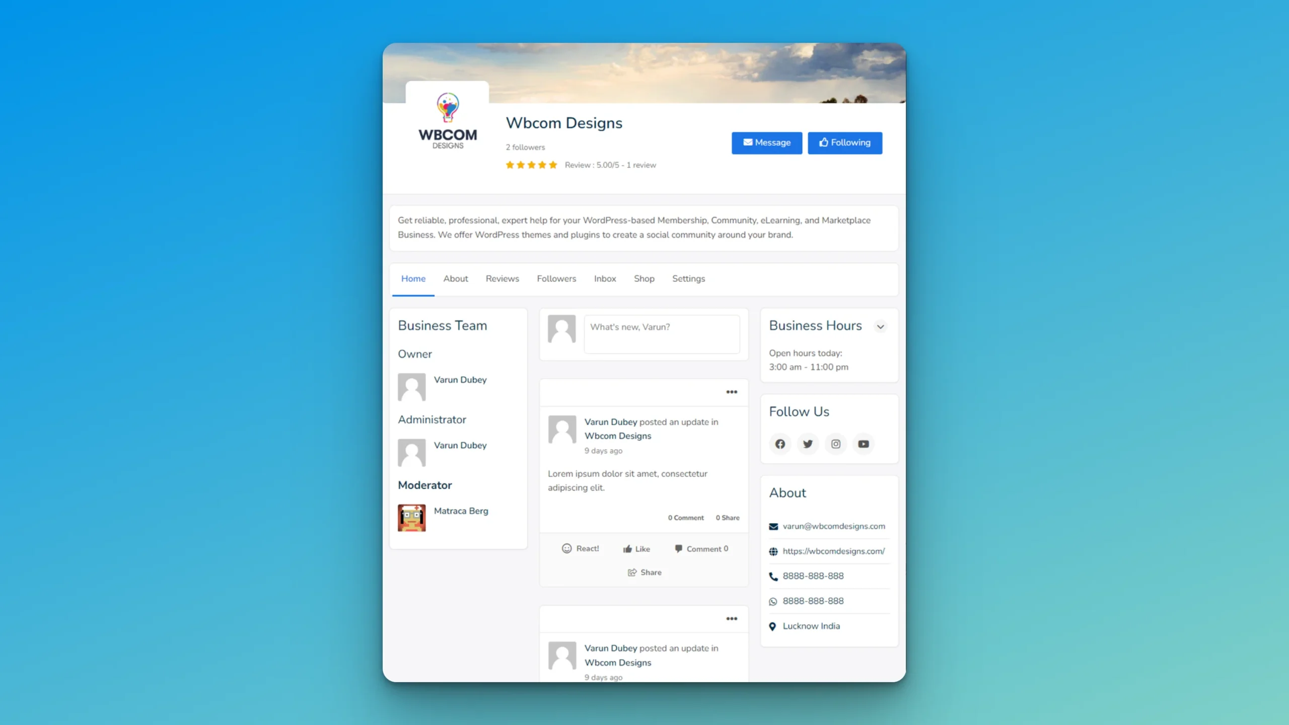 BuddyPress Business Profile page showing business team, activity feed, business hours, reviews, and social links for community monetization