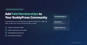 How to add paid memberships to BuddyPress community showing Paid Memberships Pro, MemberPress and Restrict Content Pro plugin options with 4-step setup flow