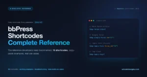 bbPress shortcodes reference guide featured image showing code terminal with example shortcodes like bbp-forum-index, bbp-single-forum, bbp-topic-form, and bbp-topic-tags
