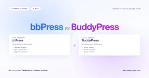 bbPress vs BuddyPress 2026 comparison featured image showing both plugins as complementary: bbPress for forum software and BuddyPress for social network features