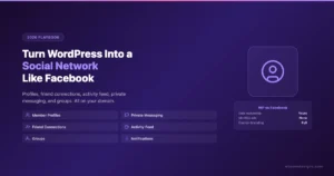 Turn WordPress into a social network like Facebook showing BuddyPress features including member profiles, friend connections, activity feed, private messaging, and groups