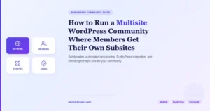 WordPress Multisite community where members get their own subsites - network diagram showing subdomains, member provisioning, and BuddyPress integration