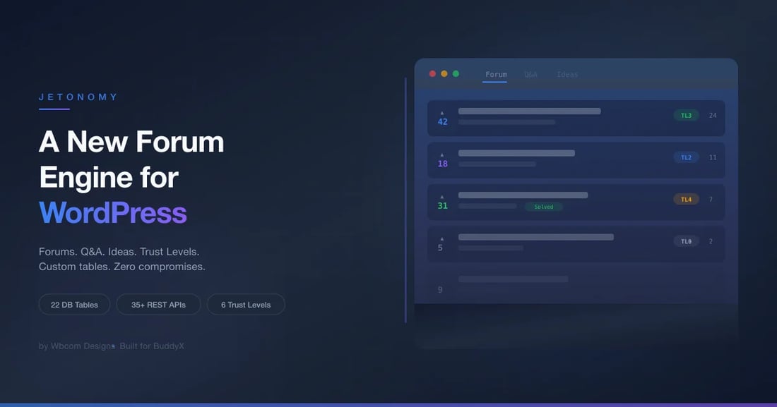 Jetonomy WordPress forum plugin featuring trust levels, voting, Q&A, and Ideas spaces