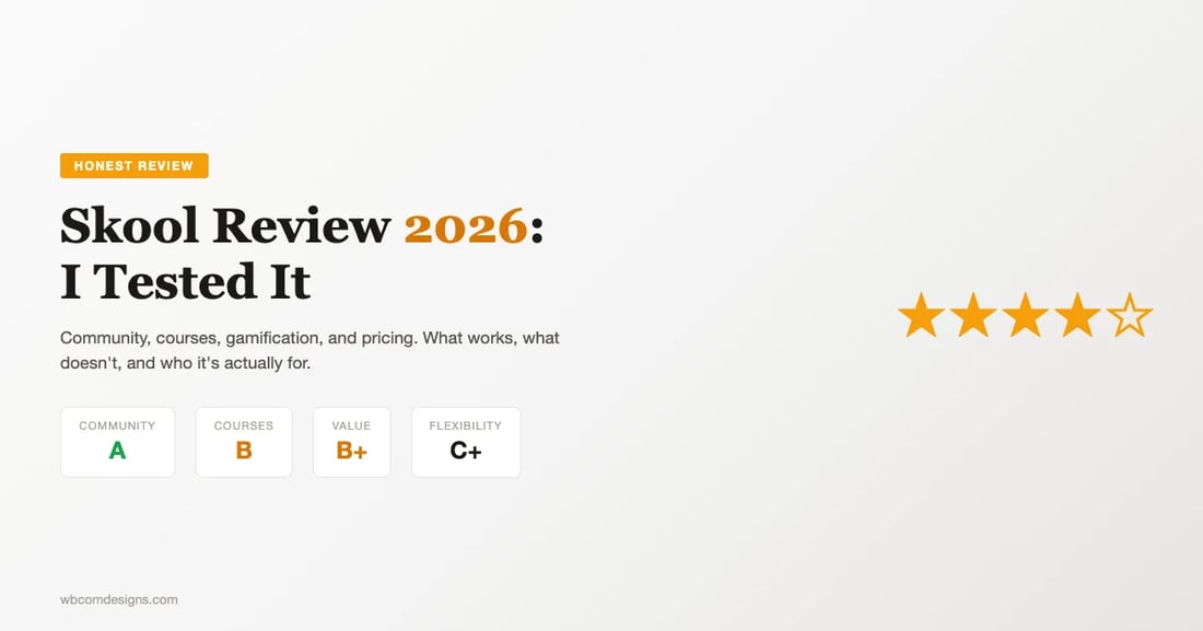 Skool Review 2026 showing grades for community, courses, value, and flexibility with 4-star rating