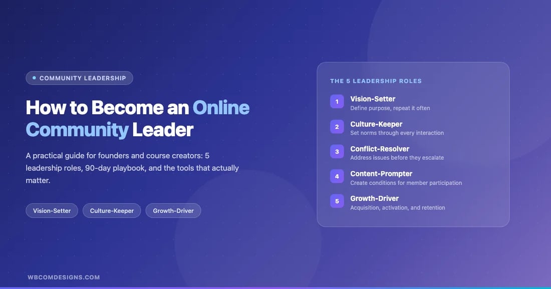 Infographic showing the 5 leadership roles for online community founders: Vision-Setter, Culture-Keeper, Conflict-Resolver, Content-Prompter, Growth-Driver