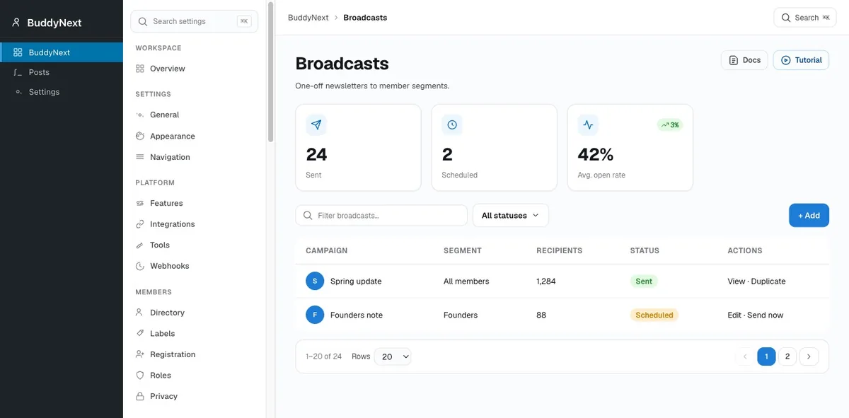BuddyNext Pro Email campaigns admin screen