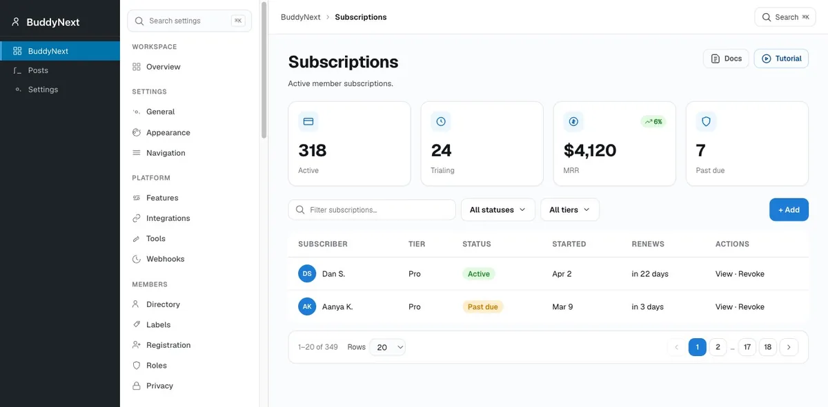 BuddyNext Pro Monetization admin screen