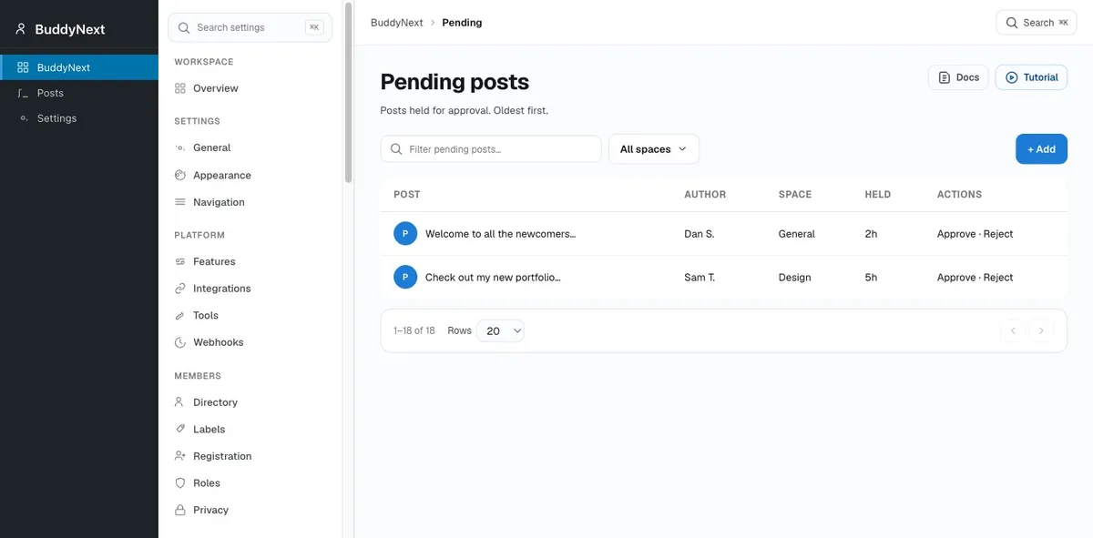 BuddyNext Pro Moderation at scale admin screen