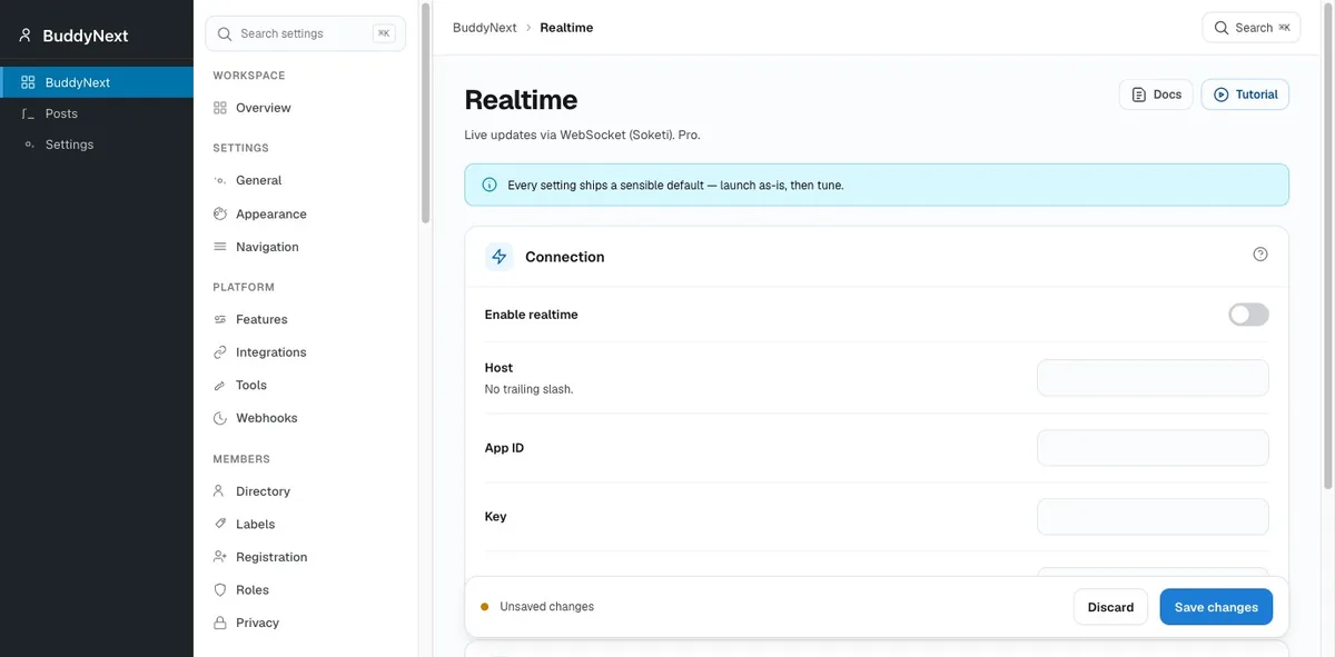 BuddyNext Pro Real-time & web push admin screen