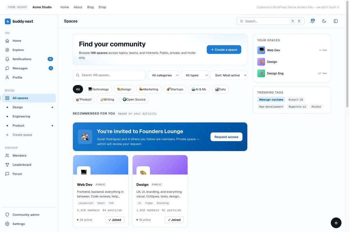 BuddyNext Spaces screen