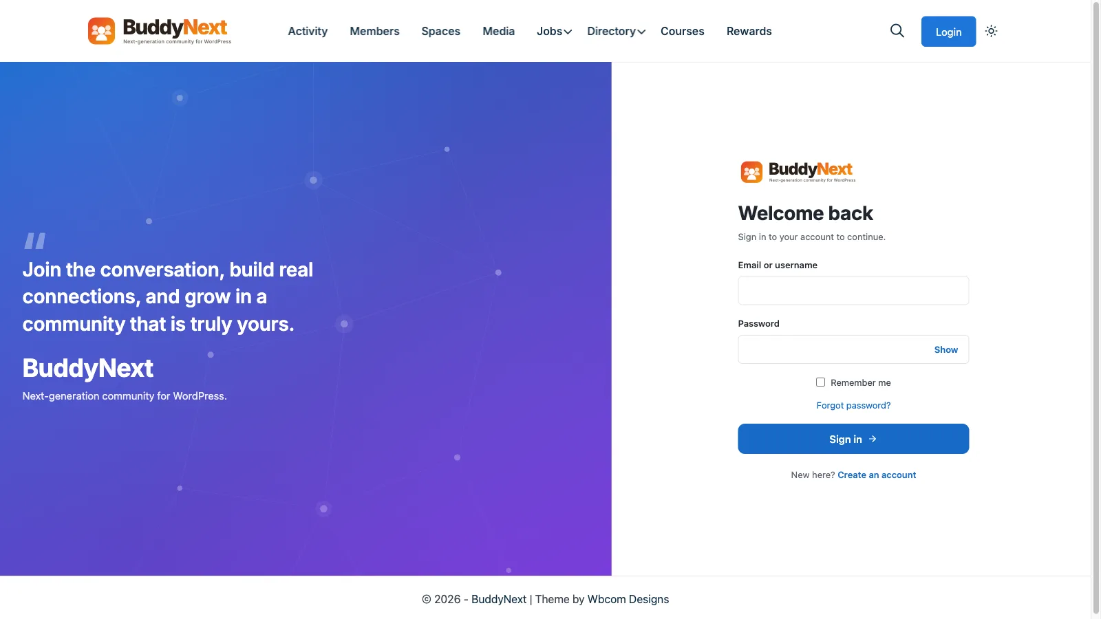 Branded split-screen login page with a welcome panel and sign-in form