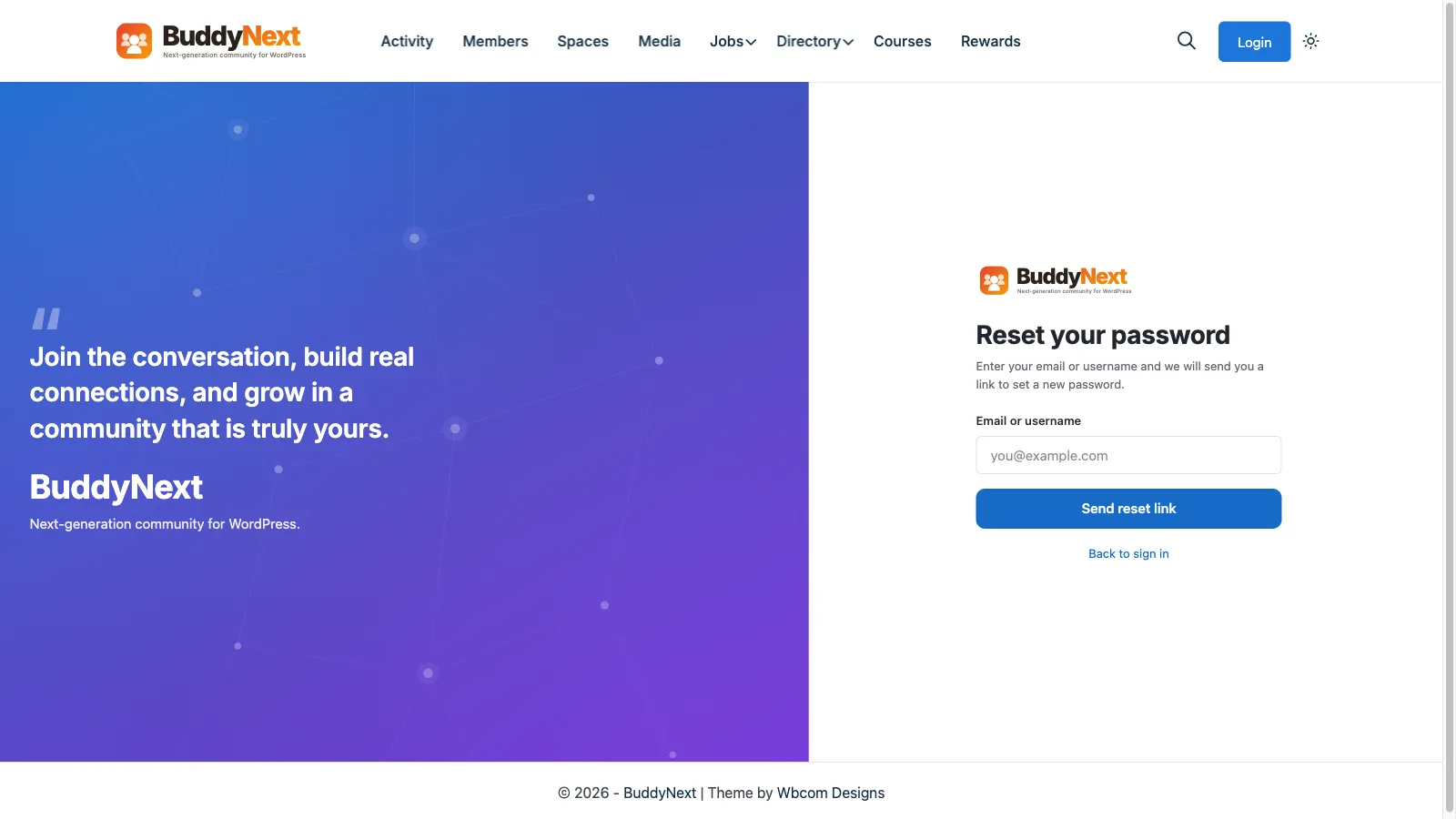 Password reset page styled to match the community