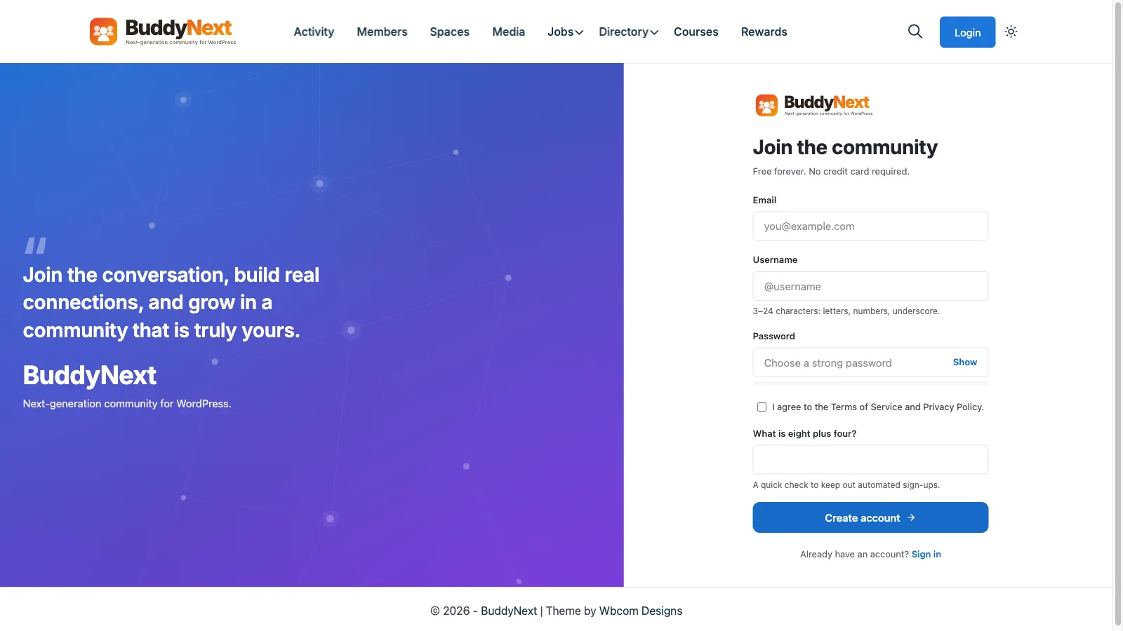Sign-up page with account fields, styled to match the community