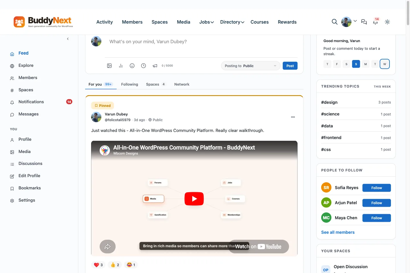 A Reign community on the BuddyNext engine: live activity feed, profiles, spaces, and member sidebars