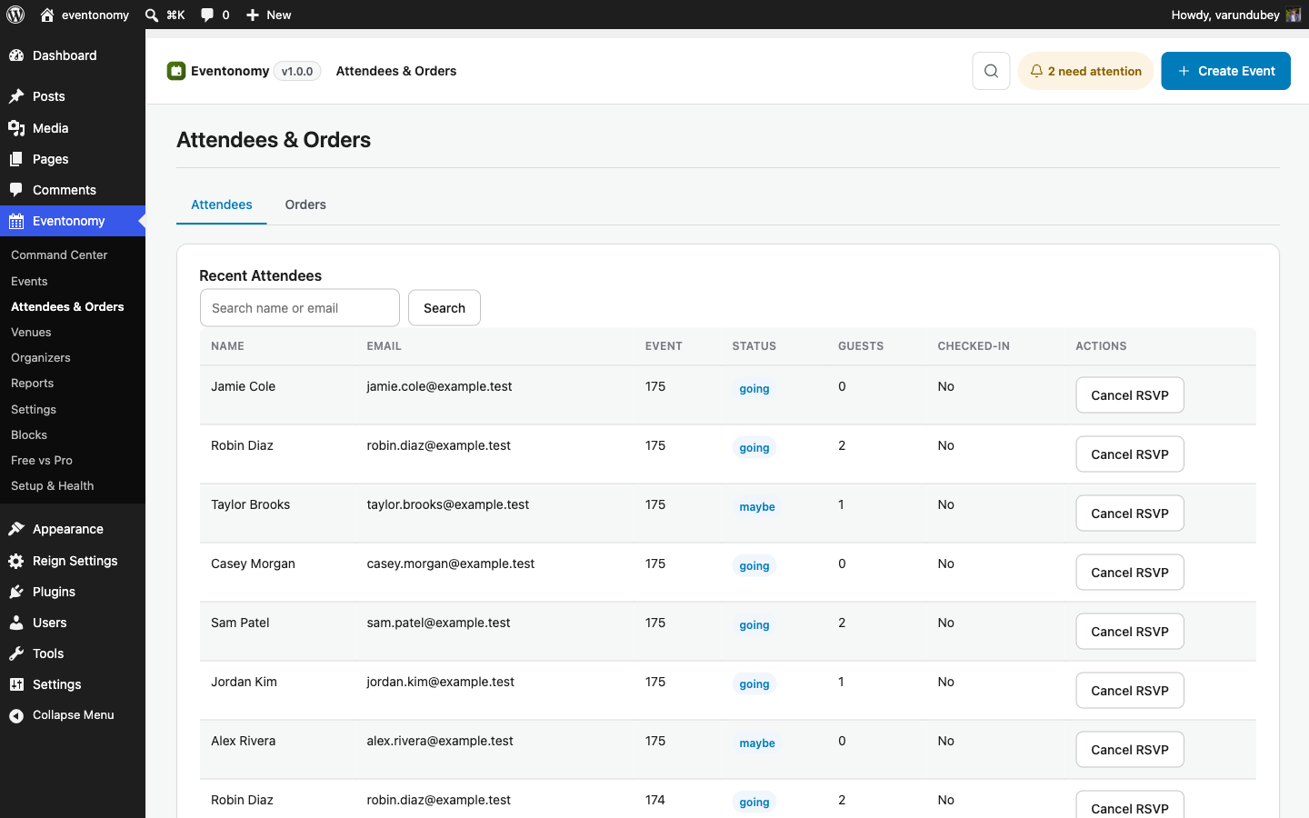 Eventonomy Attendees and Orders admin screen with the attendee list