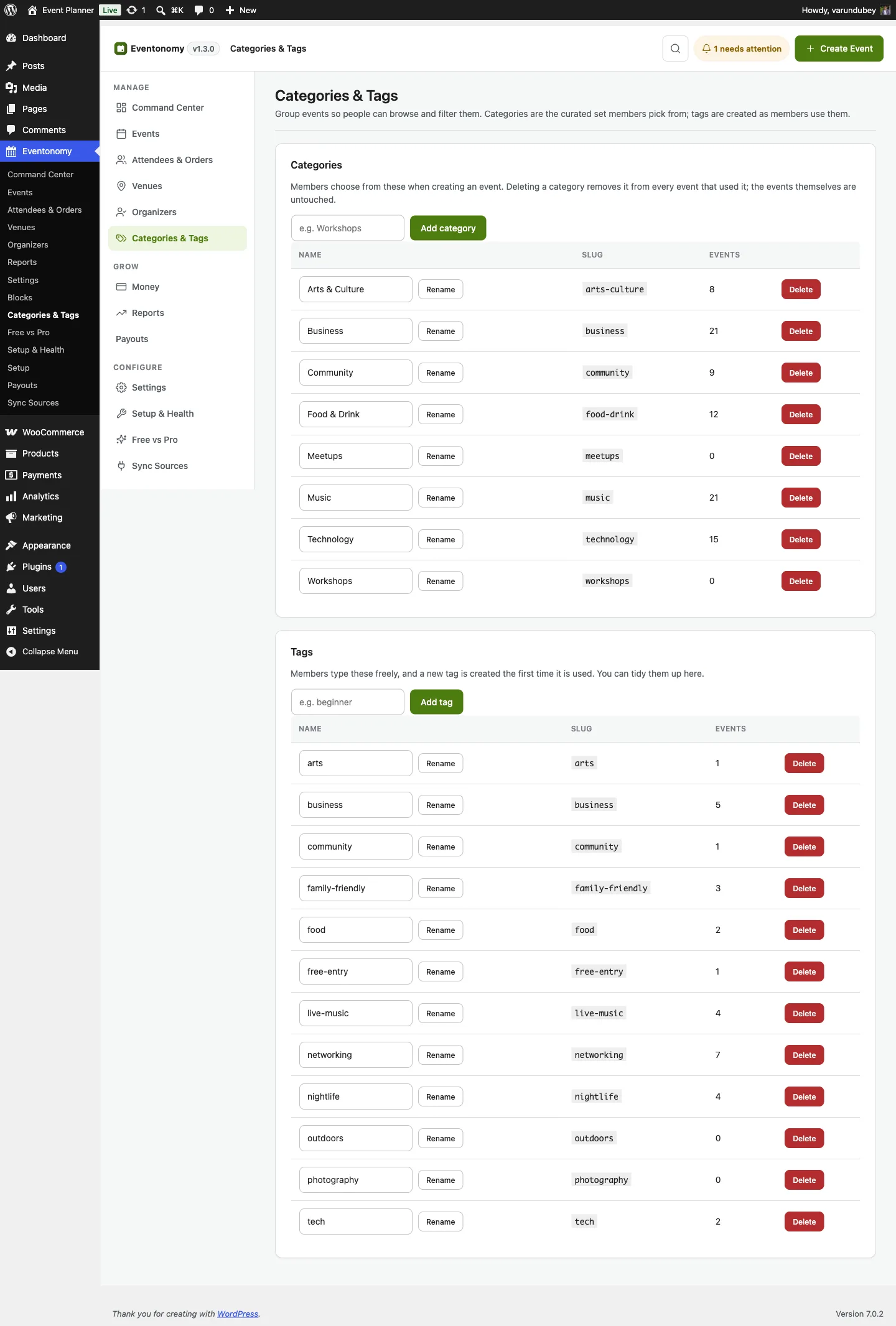 Eventonomy Categories and Tags admin screen listing event categories and tags with counts