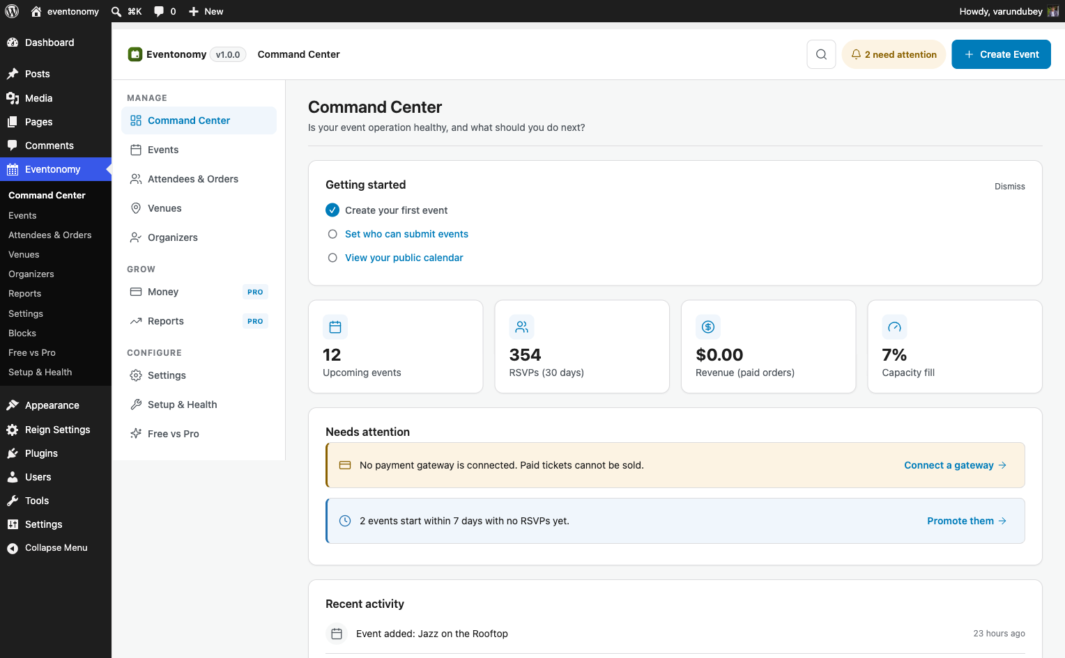 Eventonomy Command Center dashboard in wp-admin with stat cards and recent activity