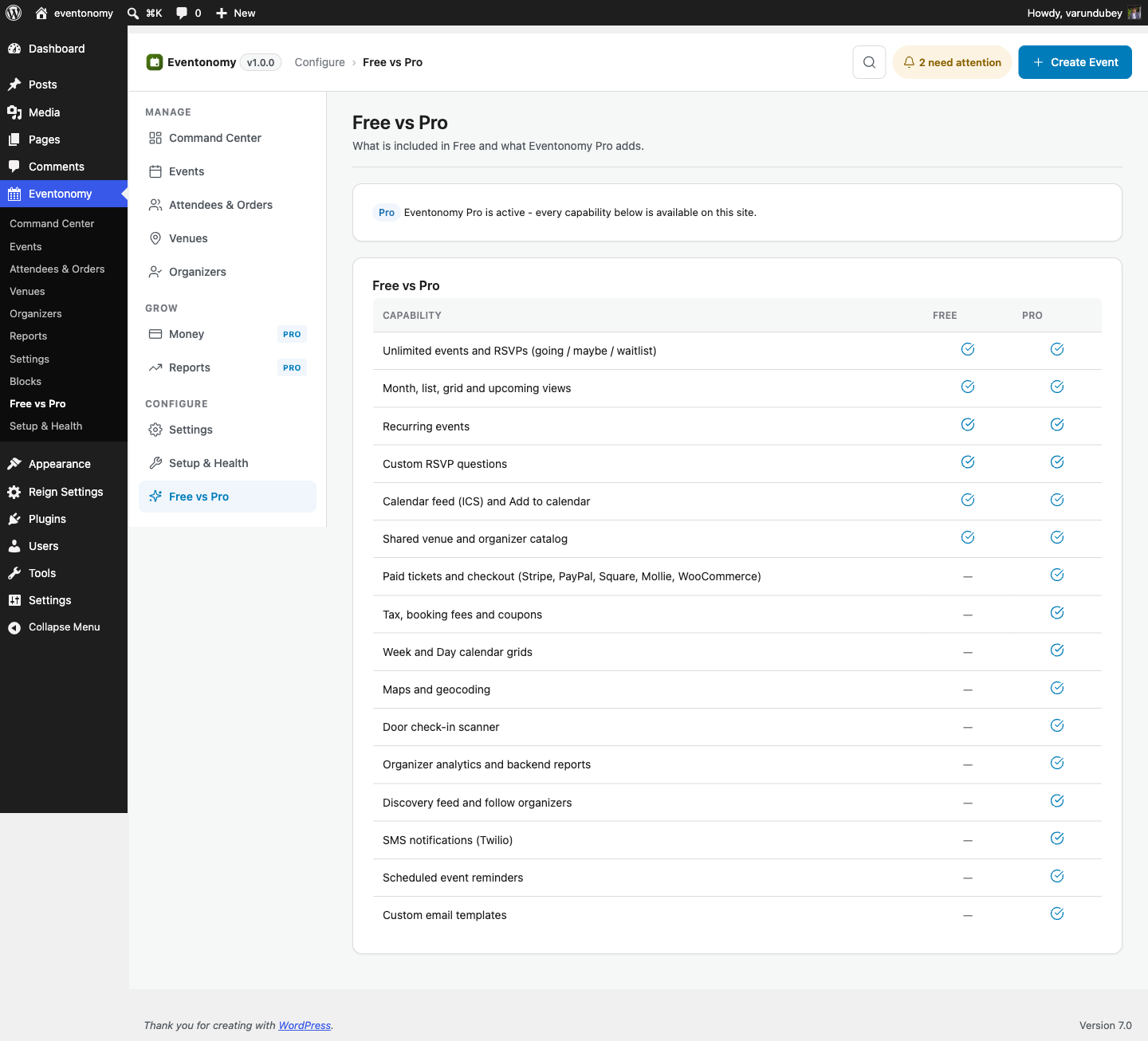 The Free vs Pro comparison screen inside the Eventonomy WordPress admin