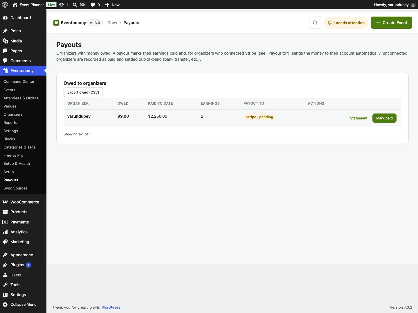 Eventonomy Pro Payouts admin screen listing organizers with outstanding balances and a record-payout action