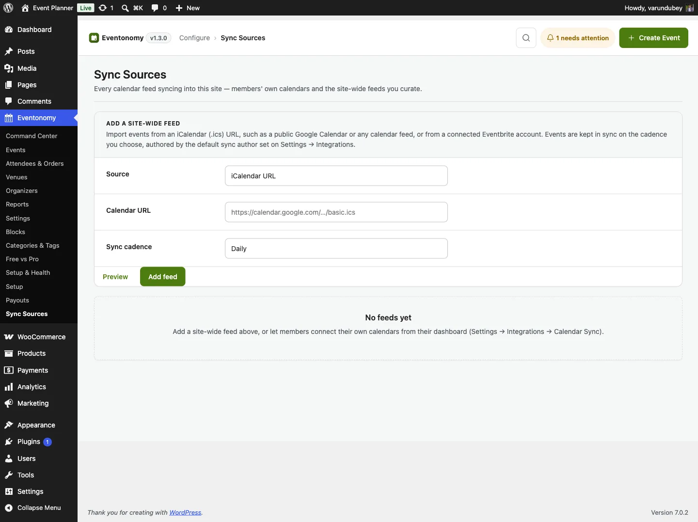 Eventonomy Pro Sync Sources admin screen listing calendar feeds with owner, cadence, last run, and status