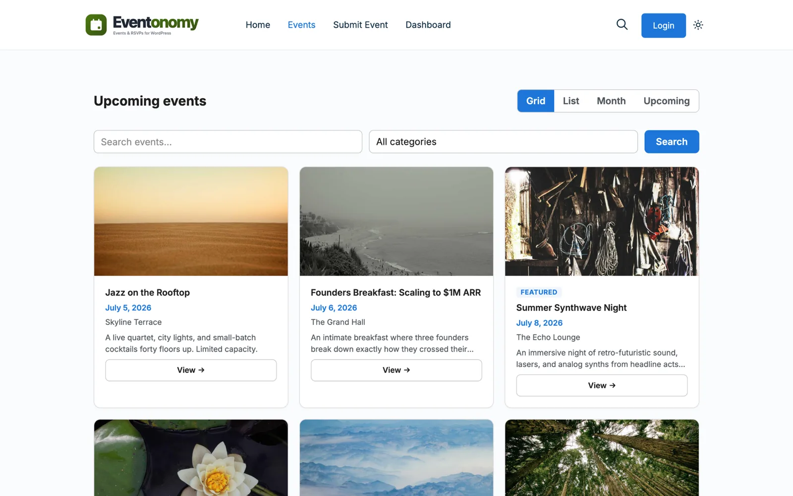 Eventonomy events archive in Grid view with event cards and the view switcher