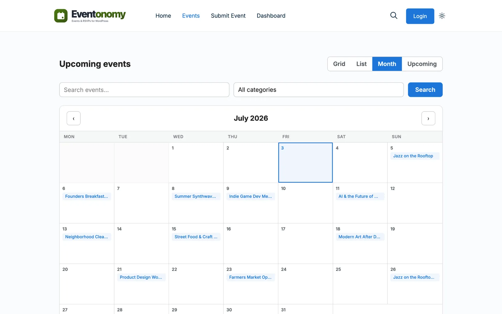 Eventonomy Month calendar view for July with events across the weeks and the view switcher