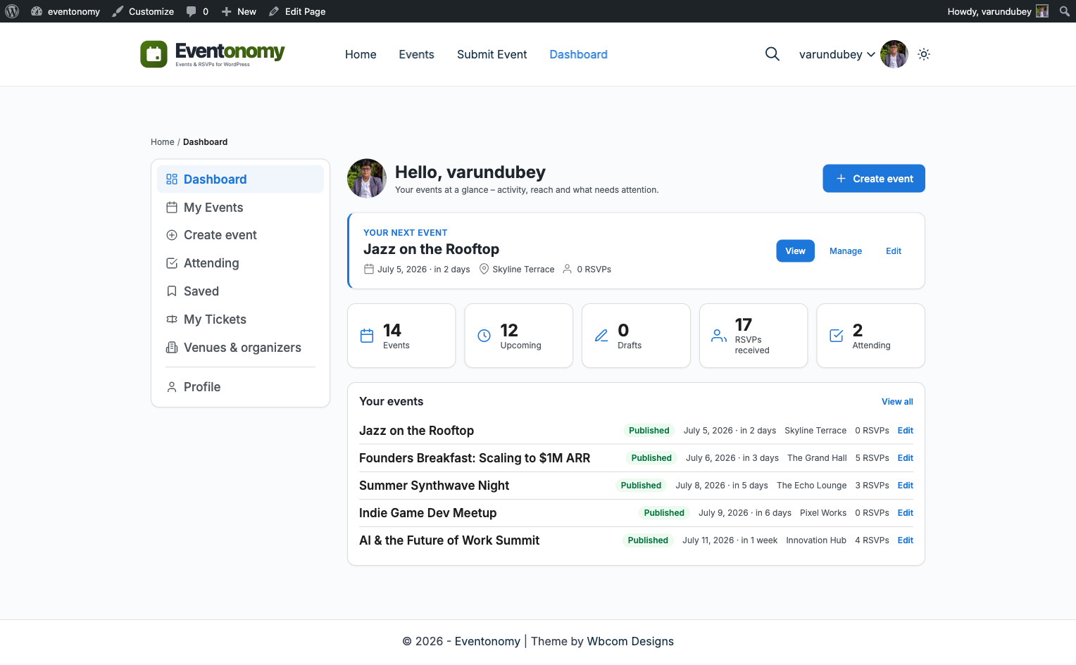 My Events member dashboard with left navigation and overview stat cards