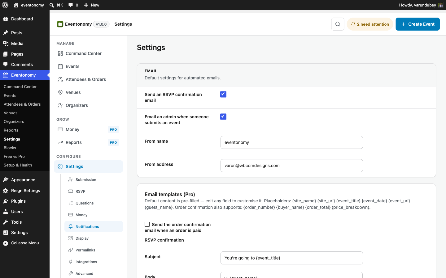 Eventonomy notifications settings with SMS and Reminders feature cards