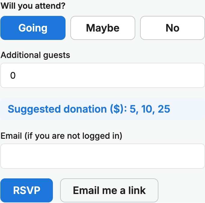 The register panel with attendance buttons, guest count, email field, and the email me a link button