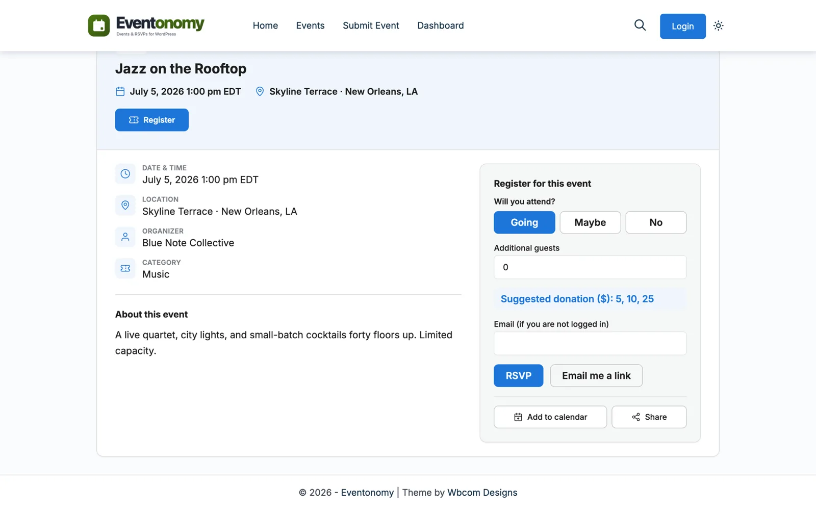 Single event page with the register panel showing going, maybe, and no buttons plus guest count