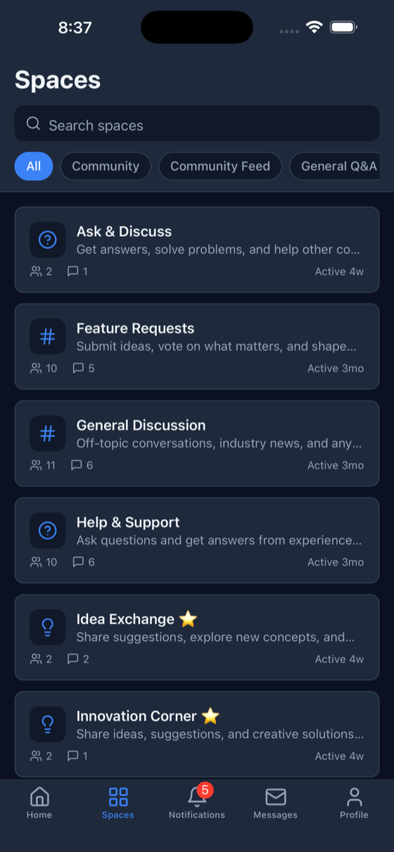 Browsing community spaces in the Jetonomy iOS app