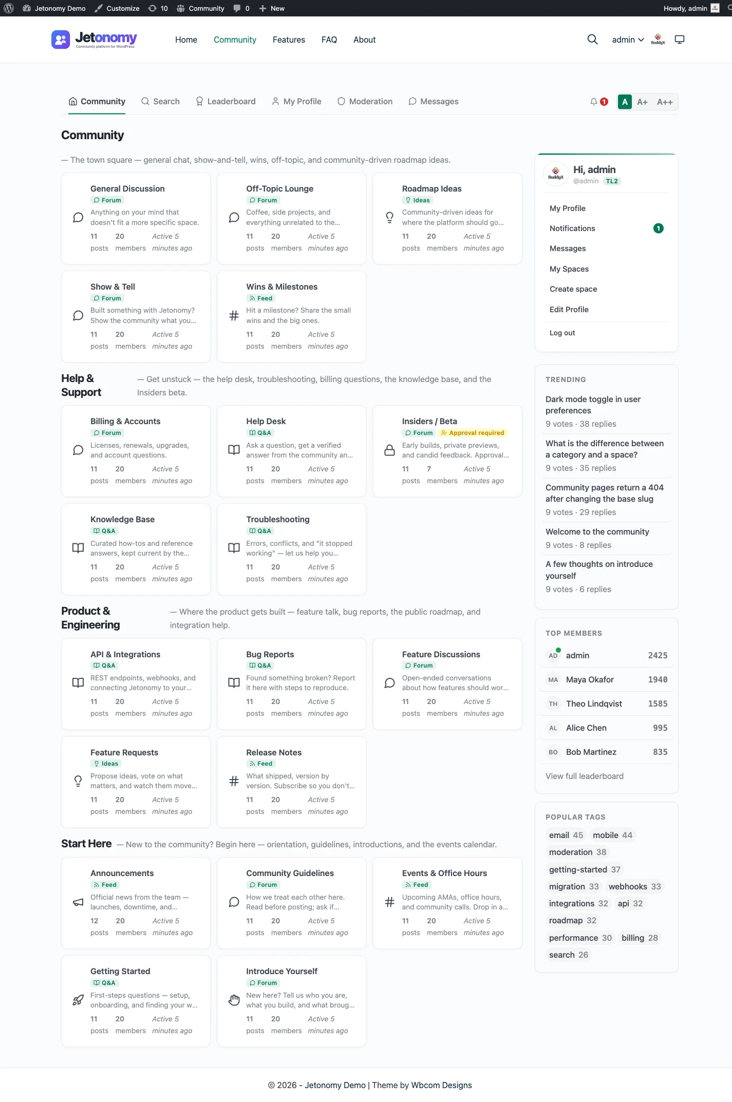 The Jetonomy community home as members see it: spaces grouped by topic, trending discussions, top members, and popular tags