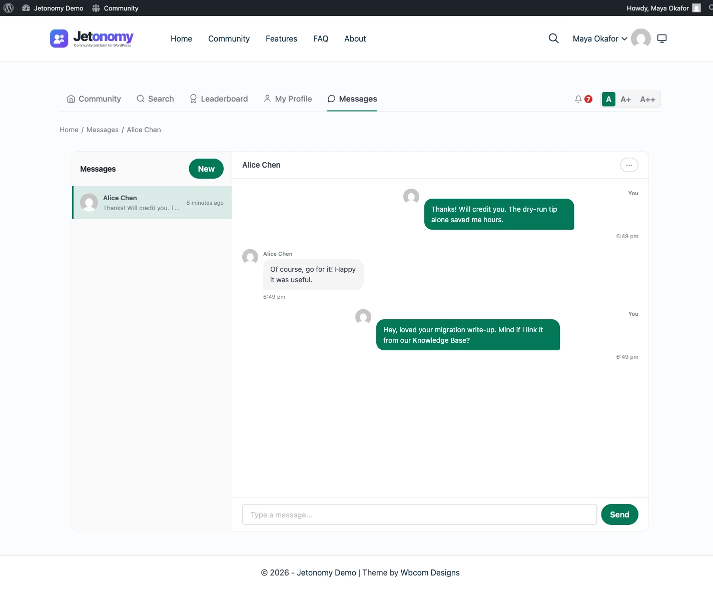 A private message thread between two members in Jetonomy Pro