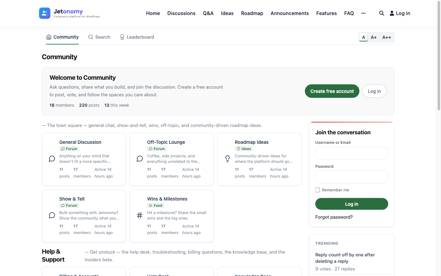 The Jetonomy community home with spaces, recent topics, and a welcome banner