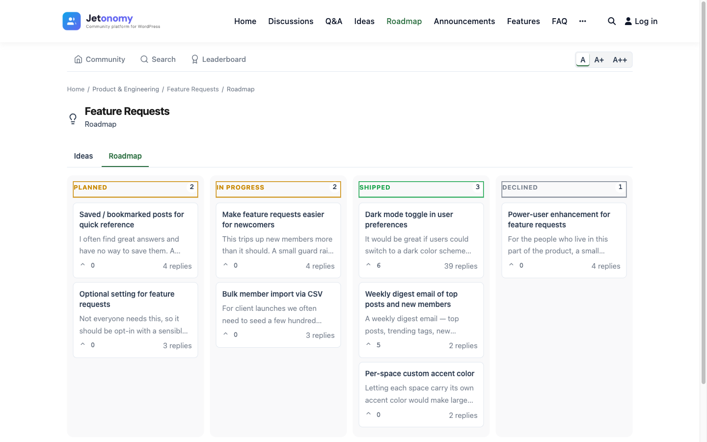 The Jetonomy ideas roadmap with Planned, In Progress, Shipped and Declined columns of member-voted cards