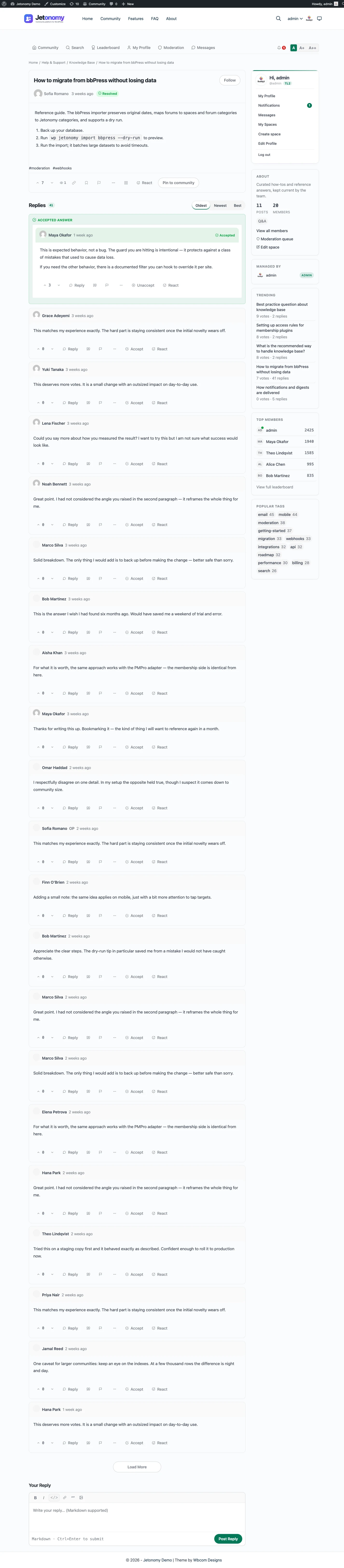 A single Jetonomy discussion topic with threaded replies on the frontend