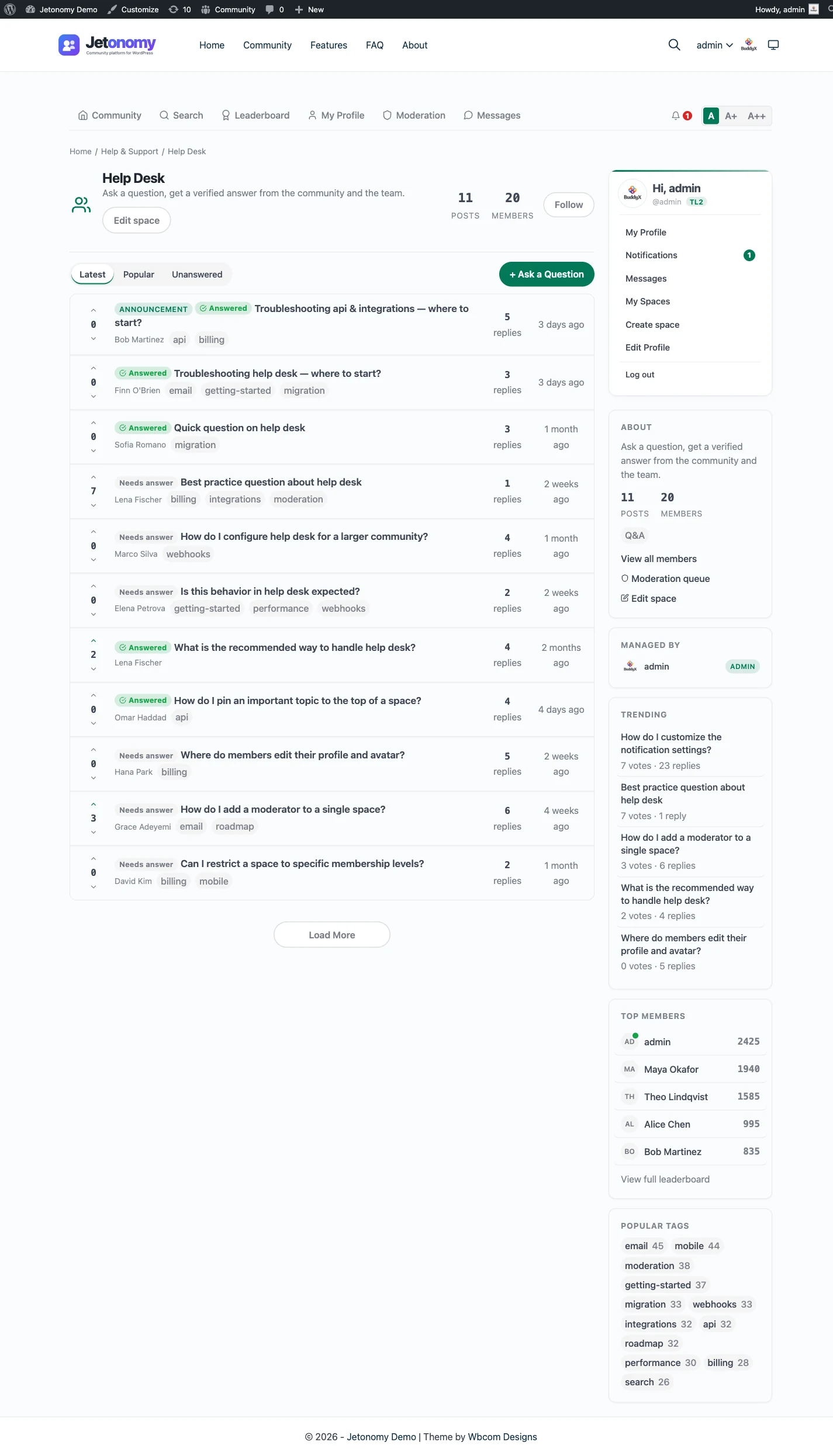A Jetonomy Q&A space showing questions with vote counts and an accepted answer