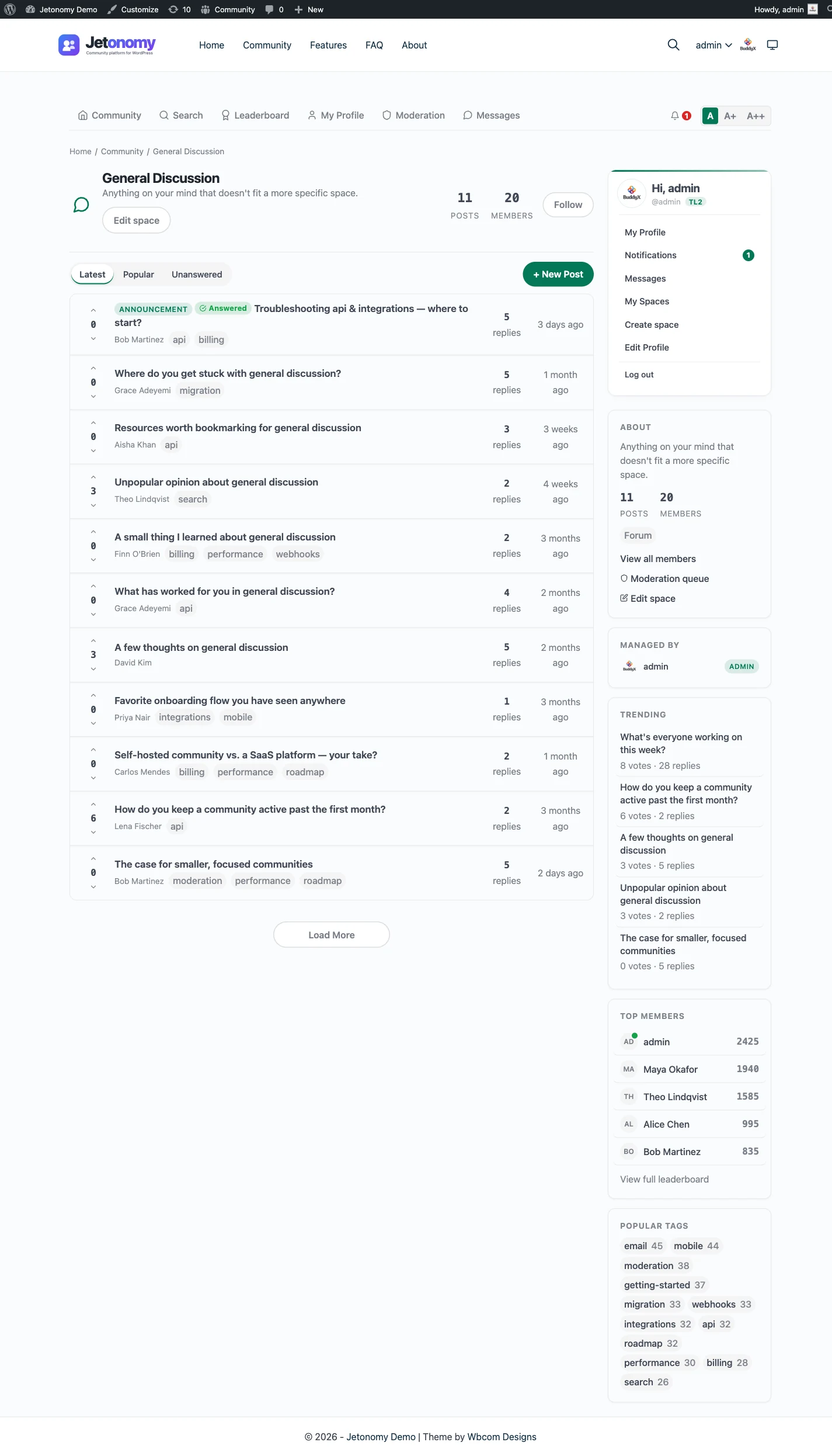 A Jetonomy community space on the frontend with a discussion list and a sidebar of trending topics and top members