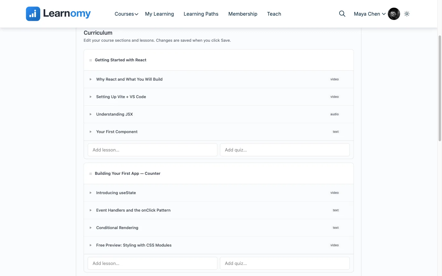 Learnomy Pro front-end course builder curriculum step