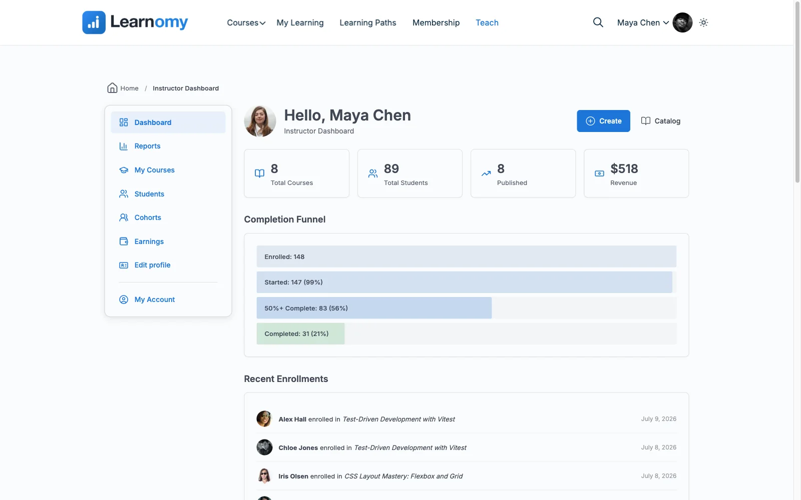 A Learnomy instructor dashboard