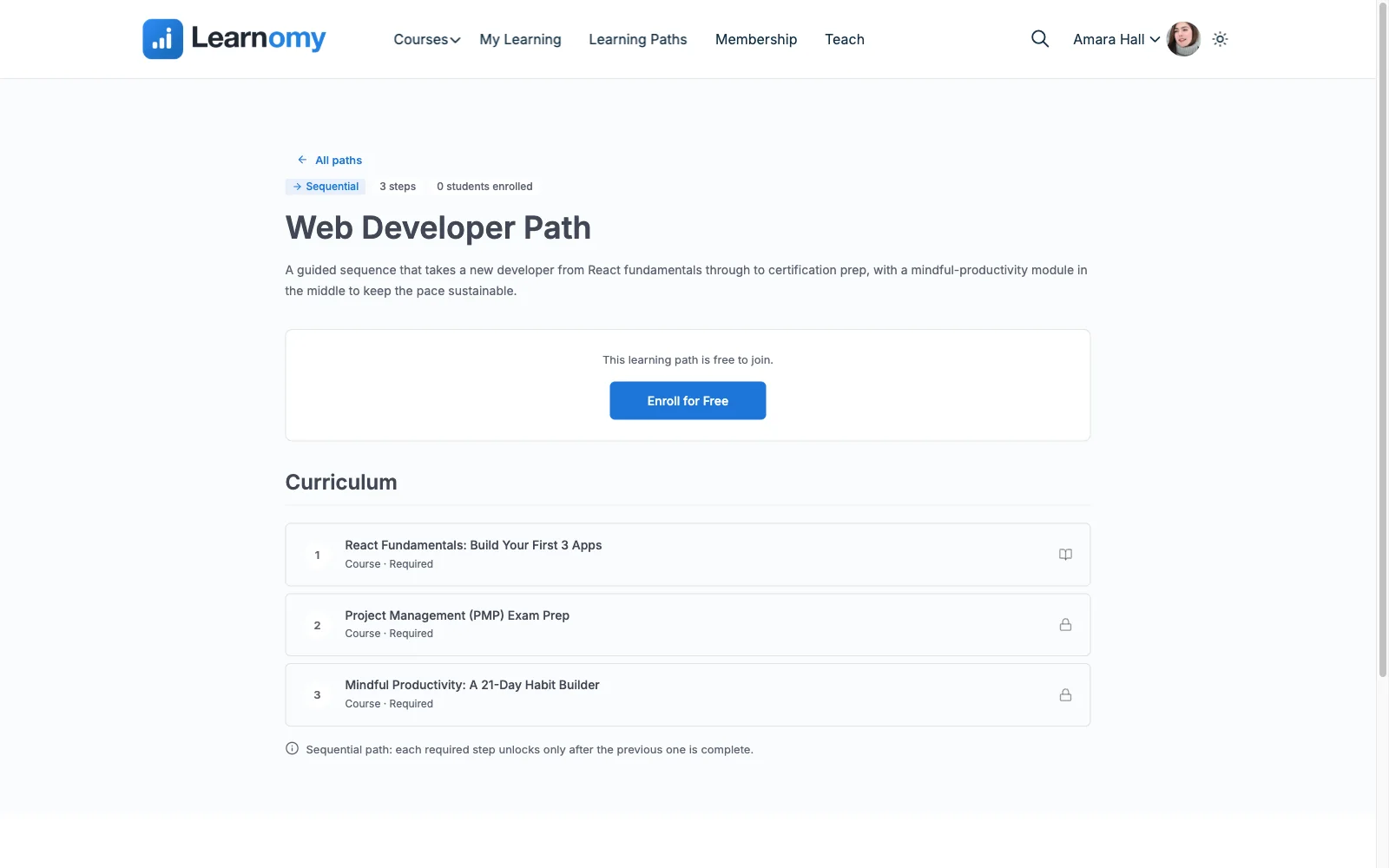 Learnomy Pro learning path with sequential gated steps