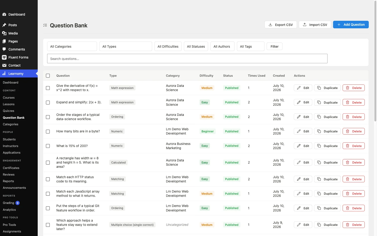 Learnomy question bank with all question types