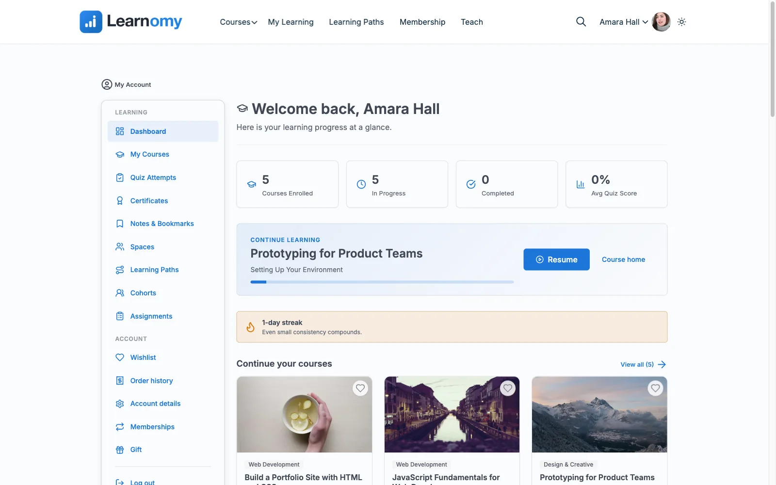 Learnomy student dashboard