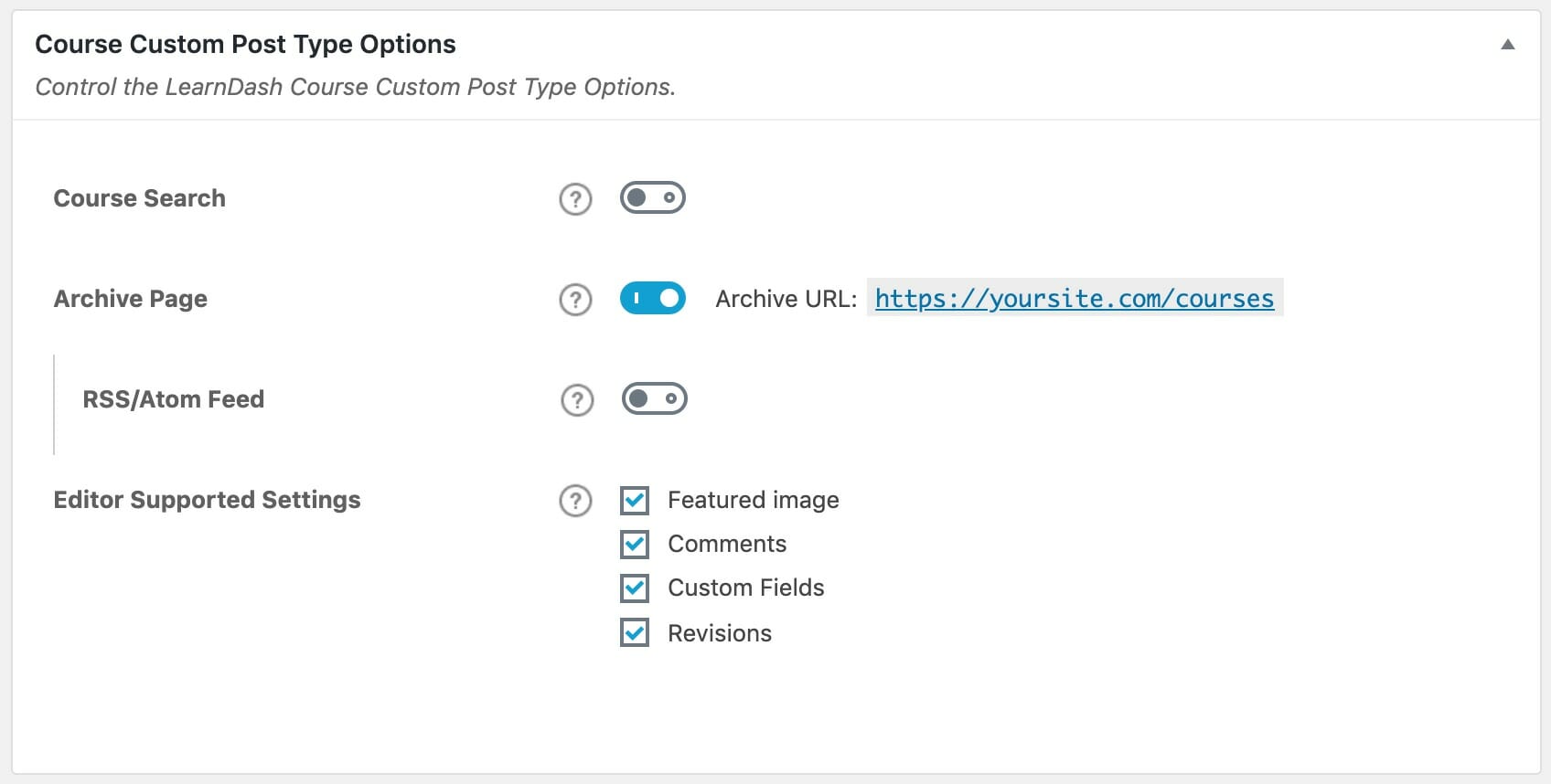 LearnDash settings for the course custom post type