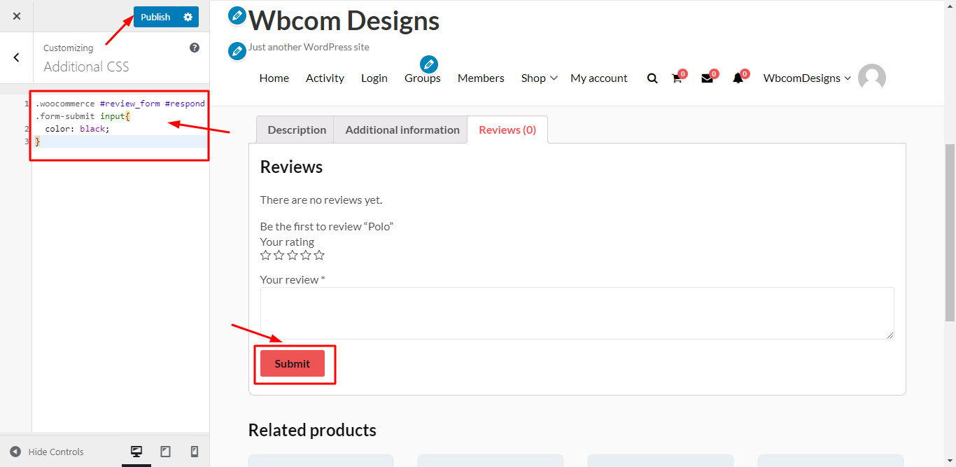How to Change Text Color Reviews Submit Button WooCommerce