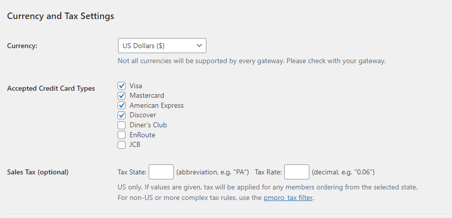 Currency and Tax Settings