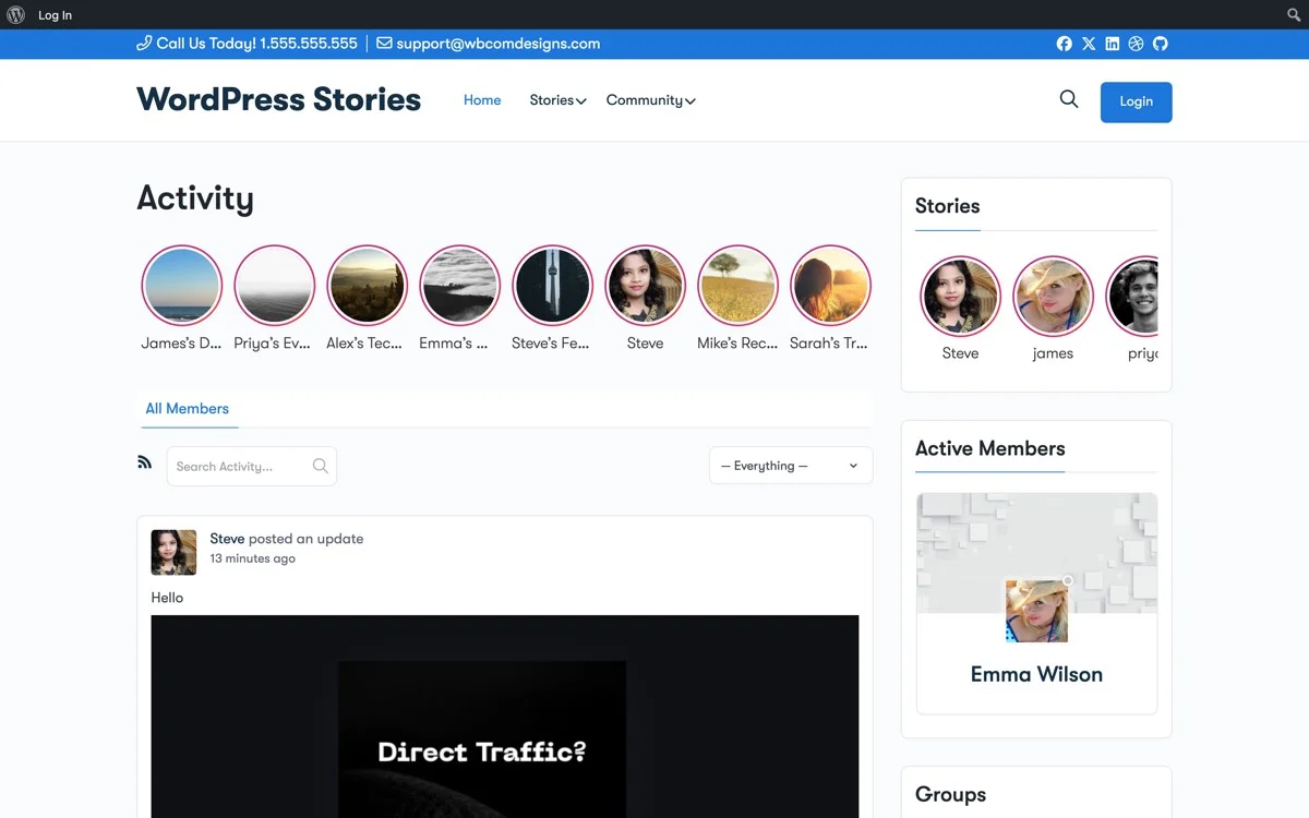 WP Stories circle style display showing story avatars in the activity feed with colorful ring indicators