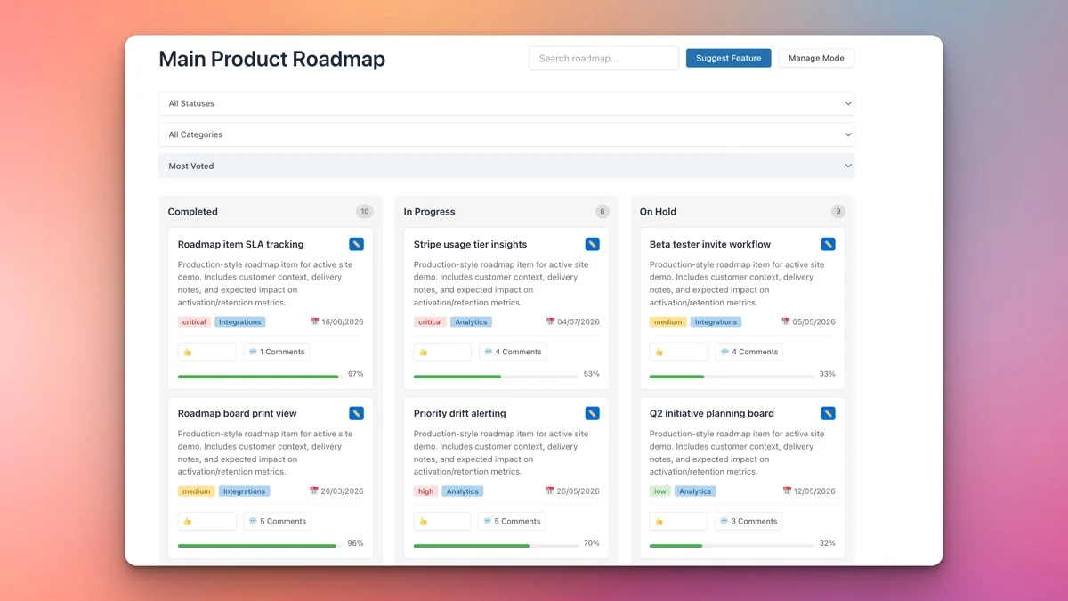 Product Roadmap Kanban Board view showing items organized in columns by status
